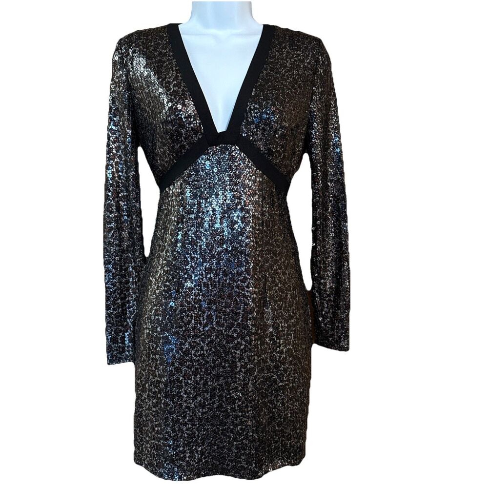 GUESS  Animal print Sequin Mini Dress Sz 0 Black Long Sleeve party wedding
